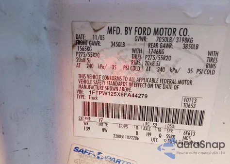 2006 Ford F-150 Lariat/Xlt z USA, uszkodzony, nr VIN 1FTPW125X6FA44279